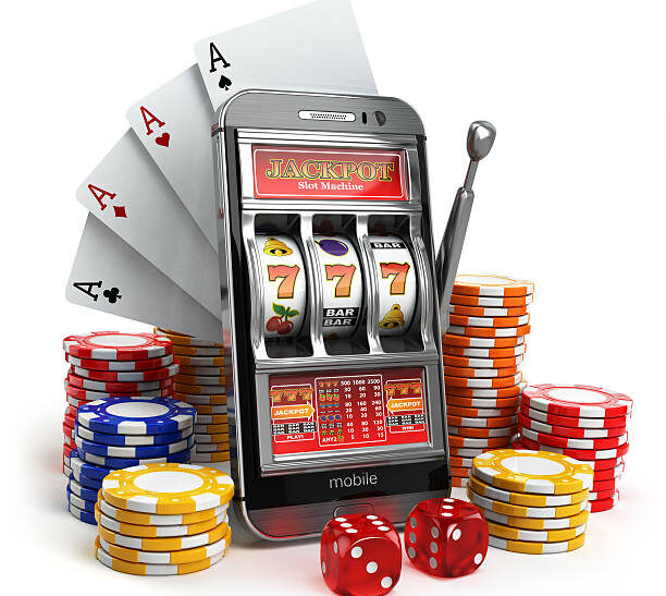 Online casino concept. Mobile phone, slot machine, dice and cards. 3d